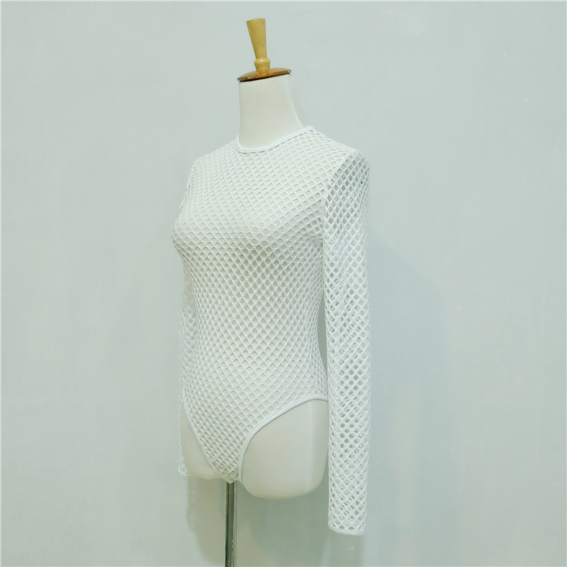 F5376-2 Womens Long Sleeve Mesh Fish Net Leotard Bodysuit Top White Fashion